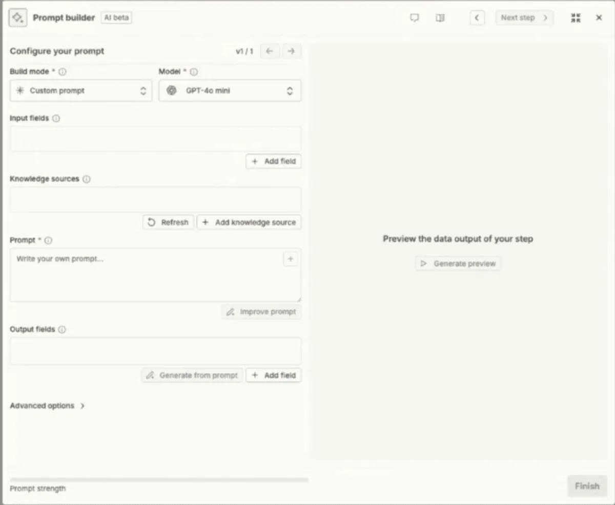 Zapier Prompt Builder interface showing a custom prompt setup using the GPT 4o mini model with fields for input fields knowledge sources prompt and output fields. The right side displays a preview panel with an option to generate a data output preview.