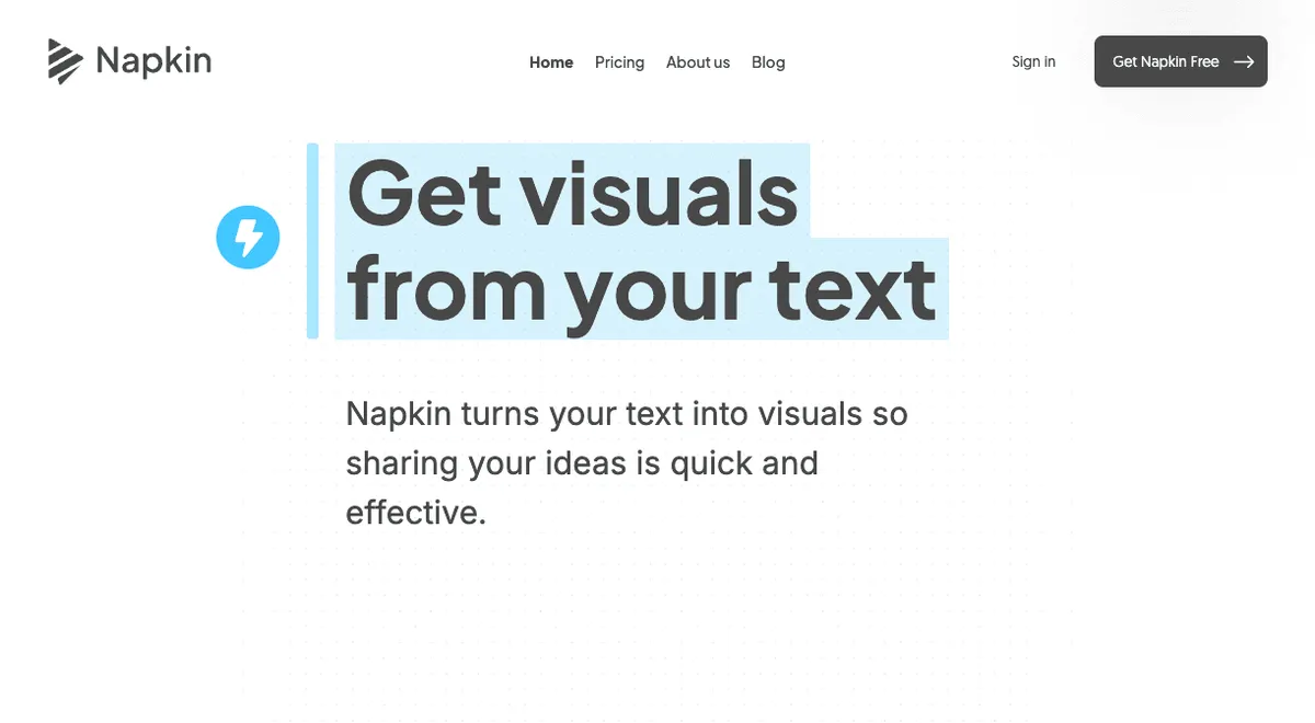 Napkin homepage hero section with the headline Get visuals from your text highlighted in blue. Subtext says Napkin turns your text into visuals so sharing your ideas is quick and effective with a Get NapC Napkin Free button in the top right.