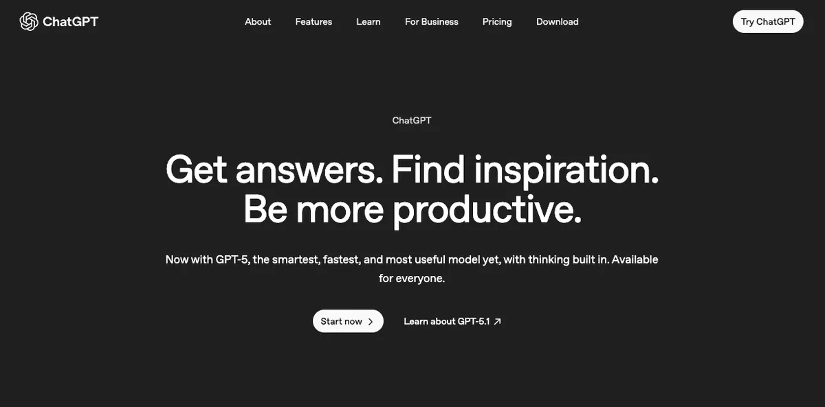 ChatGPT homepage hero section with the headline Get answers. Find inspiration. Be more productive. The page highlights GPT 5 with a Start now button and top navigation links for features pricing and business use.