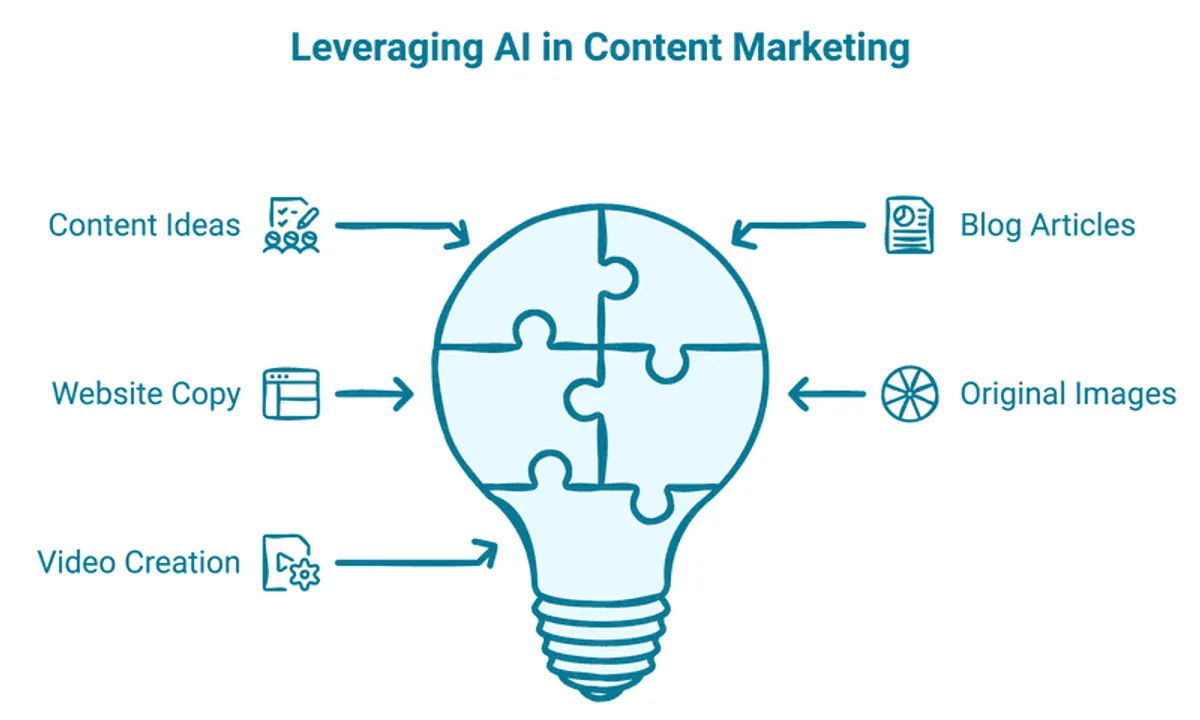 Infographic titled Leveraging AI in Content Marketing showing a lightbulb made of puzzle pieces at the center. Arrows point to labeled uses including content ideas website copy video creation blog articles and original images.