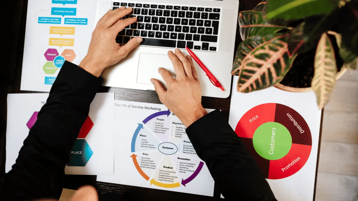 Diagram or illustration of marketing automation solution with components or features like lead management, social media management, ad campaigns, etc.
