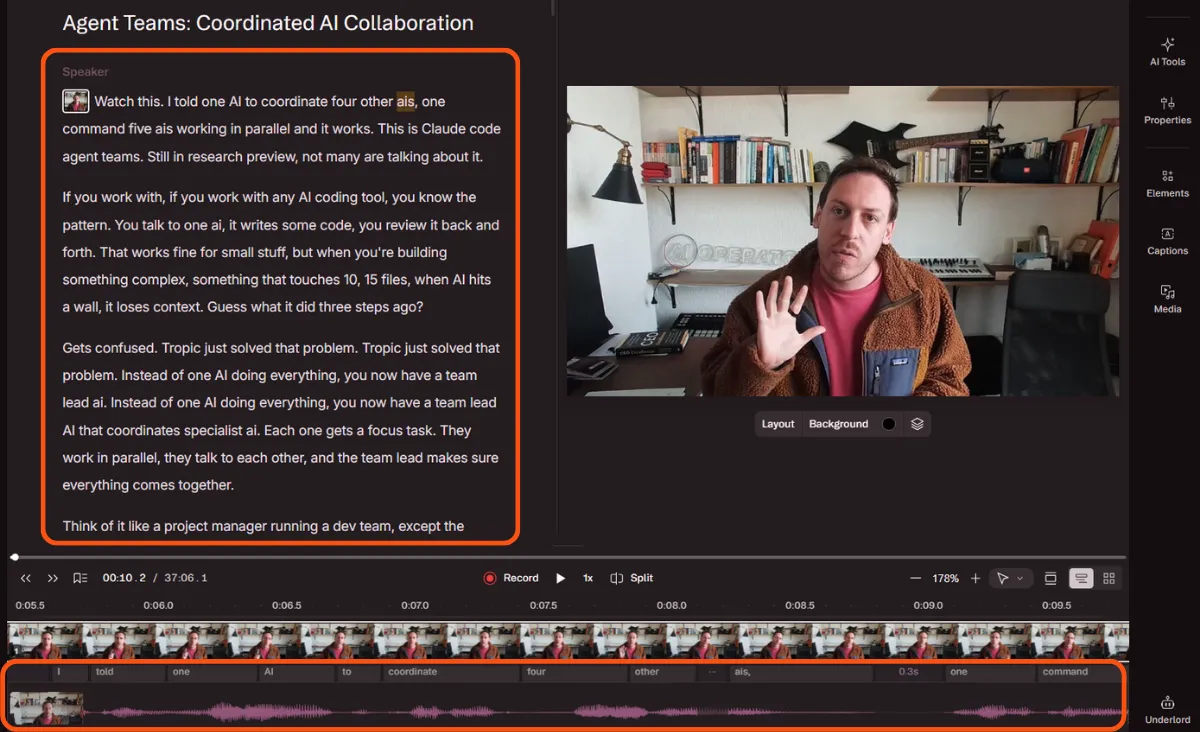 Double-checking the Descript transcript before applying AI edits