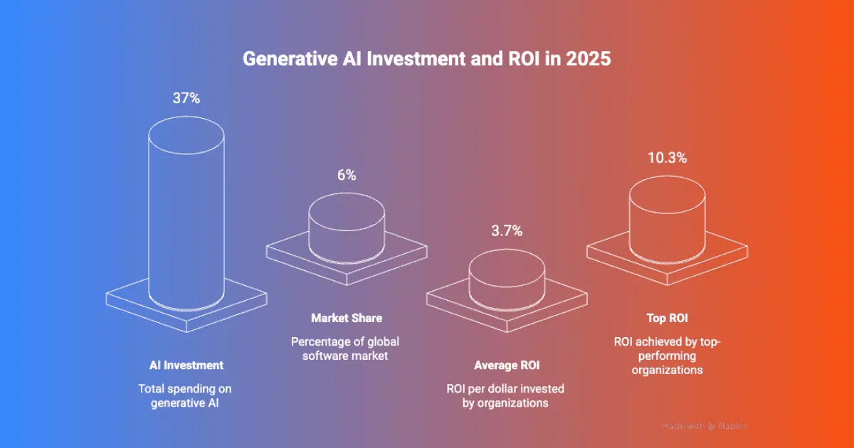 Infographic titled Generative AI Investment and ROI in 2025 showing four cylindrical charts across a blue to red gradient. It highlights AI investment market share average ROI and top ROI achieved by leading organizations with percentage values labeled above each column.