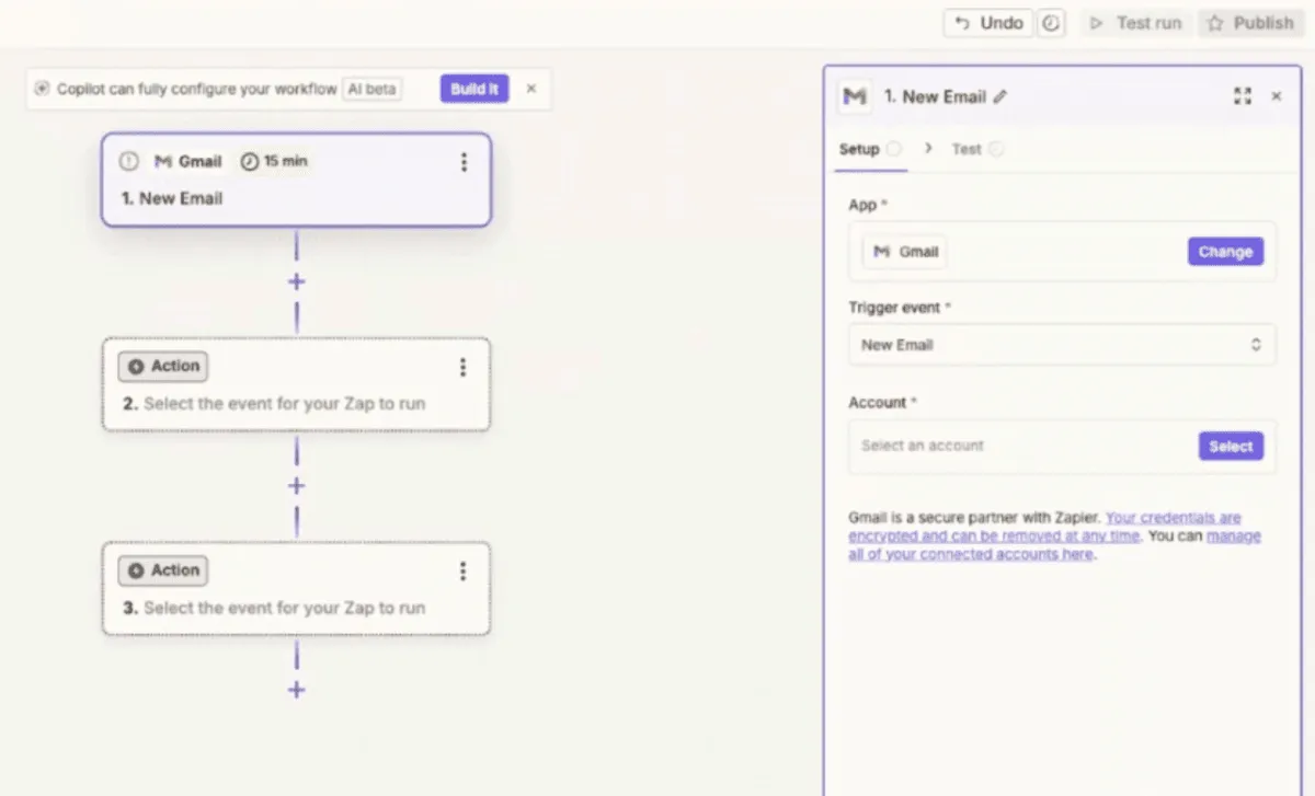 Zapier workflow builder showing a Gmail New Email trigger set to run every 15 minutes with two empty action steps below it. The setup panel on the right displays Gmail selected as the app with the trigger event New Email and a prompt to choose an account.