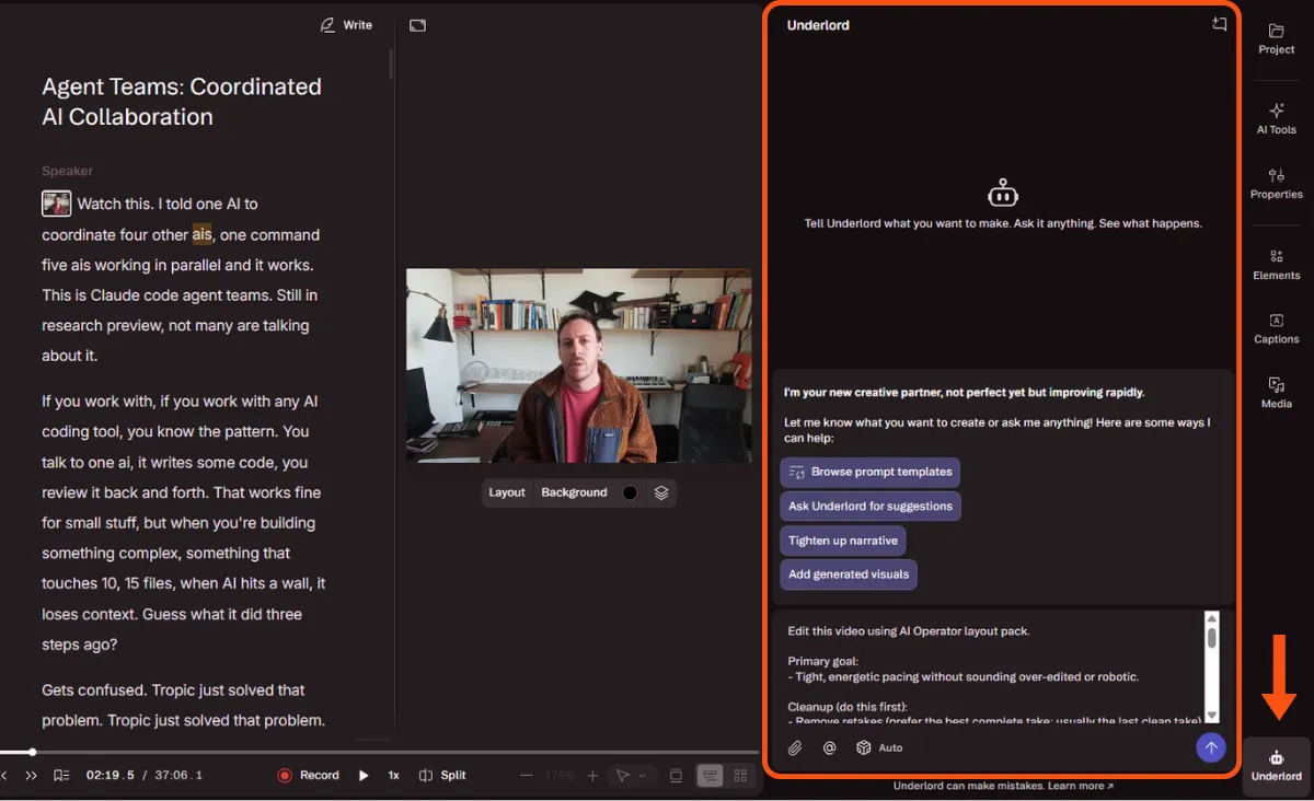Running Underlord — Descript's AI editor — to apply repeatable editing rules