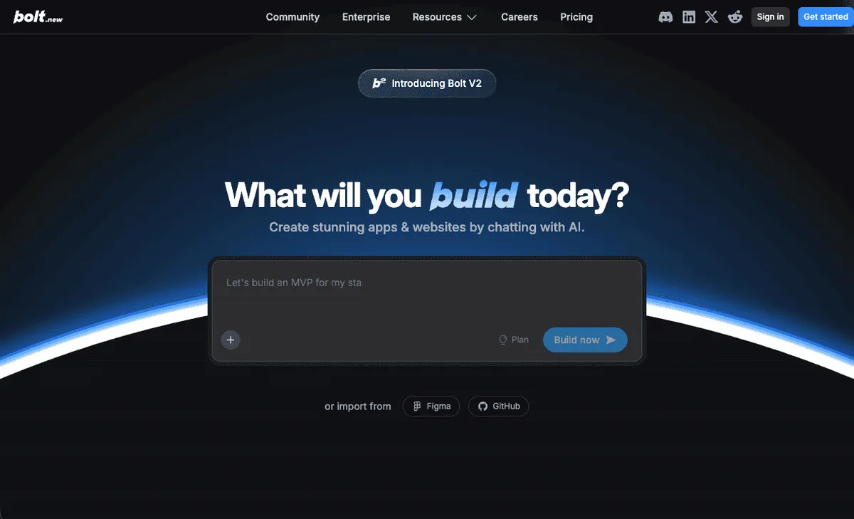 Bolt homepage hero section with the headline What will you build today and a prompt inviting users to create apps and websites by chatting with AI. A large input box with a Build now button sits over a dark gradient background with navigation links and sign in options at the top.