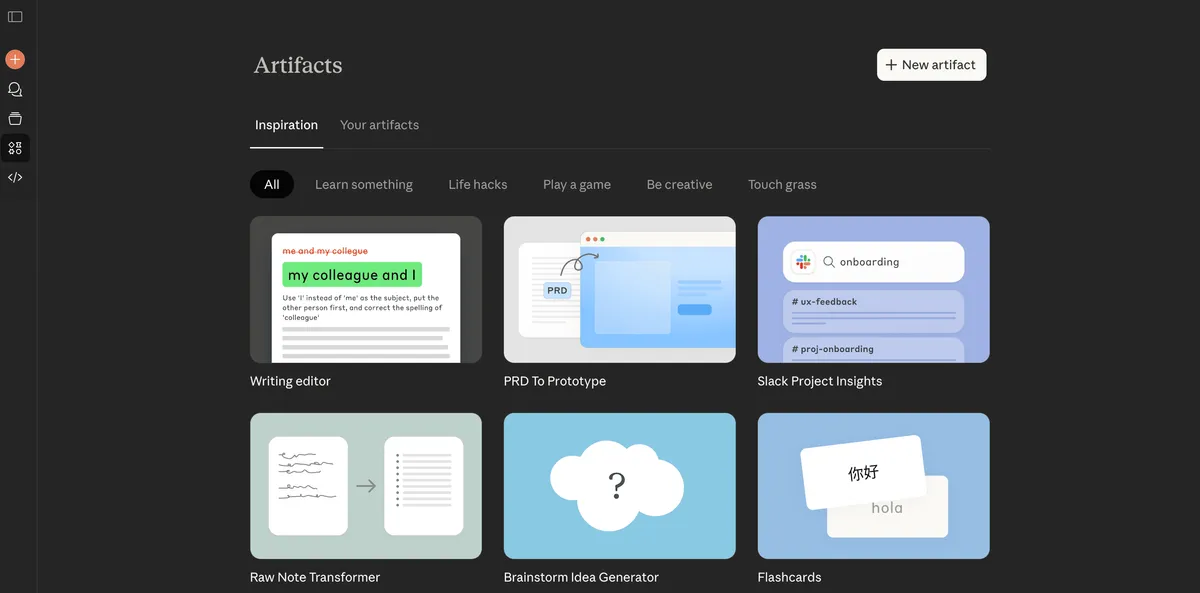Claude Artifacts page showing an Inspiration gallery with cards like Writing editor PRD to Prototype Slack Project Insights and Brainstorm Idea Generator. Category filters appear across the top with a New artifact button in the upper right.