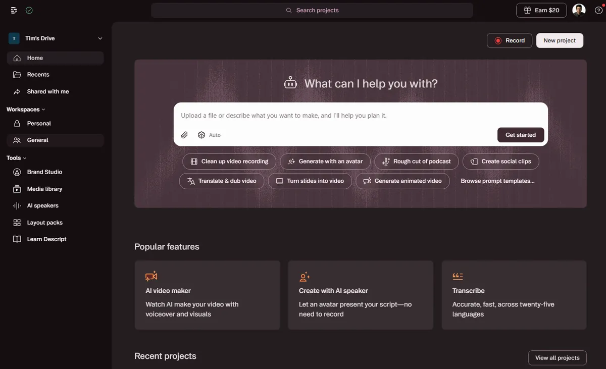 Recording directly in Descript — files, transcript, cuts and feedback all in one place
