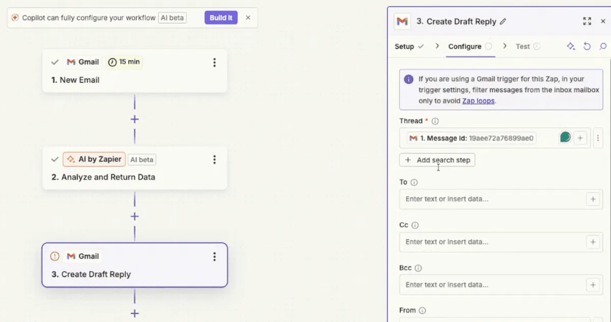 Zapier workflow showing a Gmail New Email trigger followed by an AI by Zapier Analyze and Return Data step and a Gmail Create Draft Reply action. The configuration panel on the right displays thread settings and a warning about filtering inbox messages to avoid Zap loops.