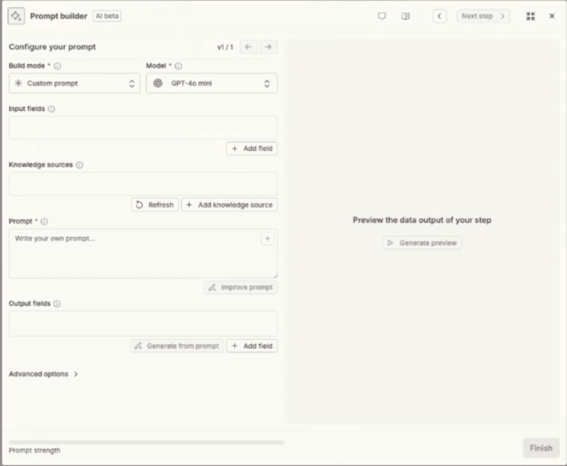 Zapier Prompt Builder interface showing a custom prompt setup using the GPT 4o mini model with fields for input fields knowledge sources prompt and output fields. The right side displays a preview panel with an option to generate a data output preview.