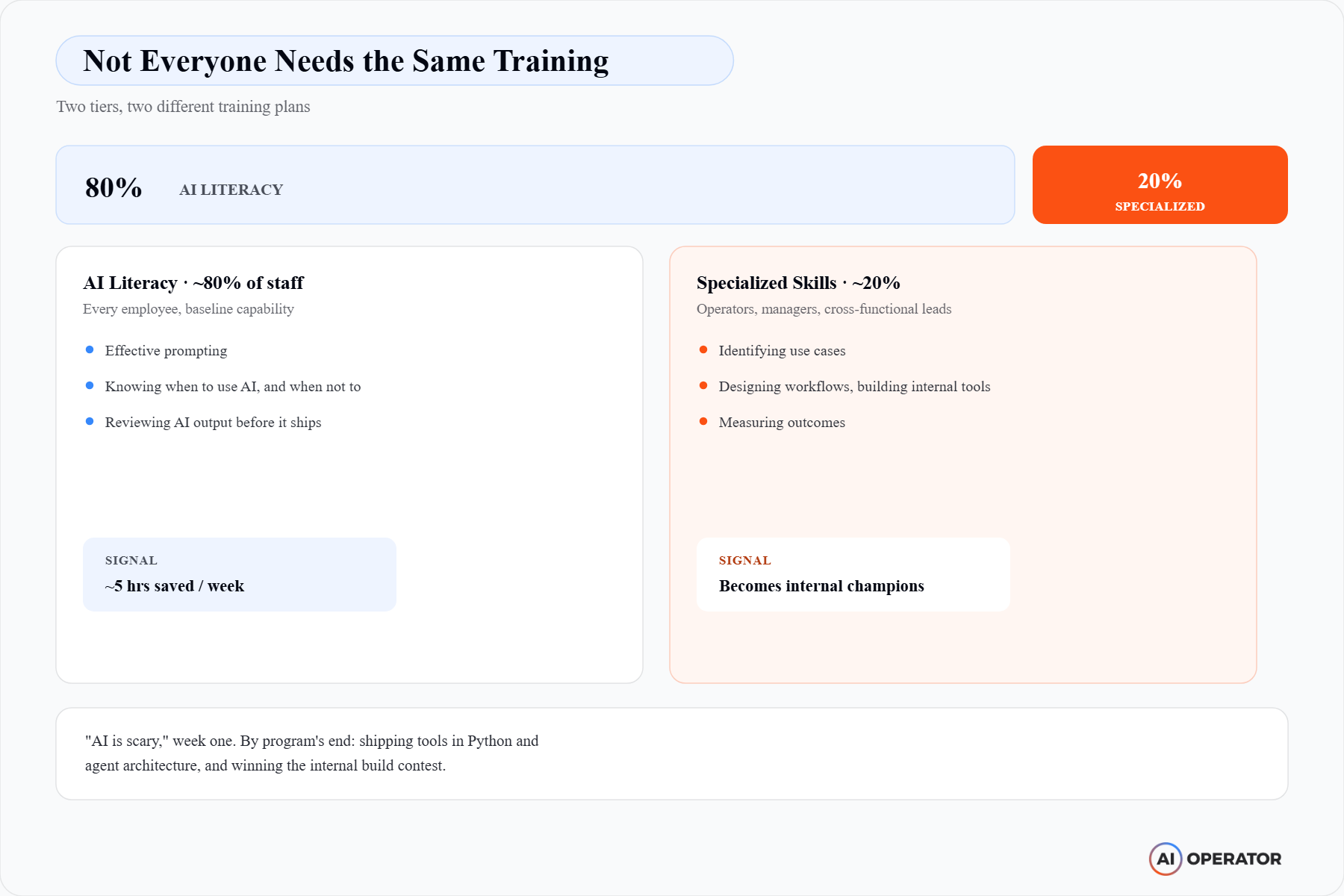 Two-tier AI training: roughly 80% need baseline literacy, 20% need specialized implementation skills