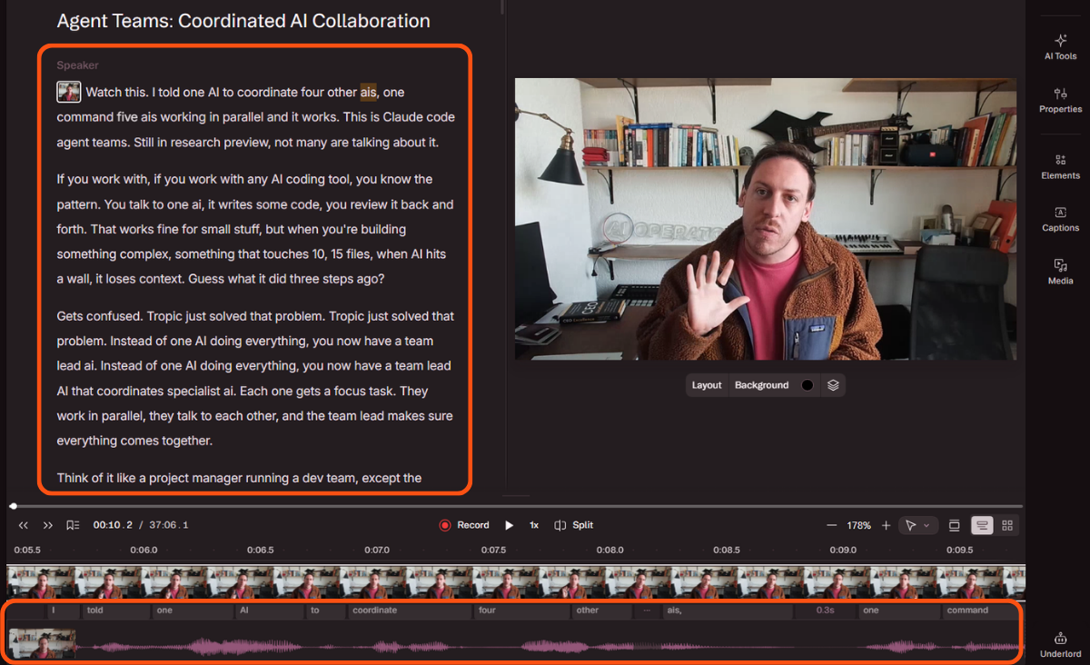 Double-checking the Descript transcript before applying AI edits
