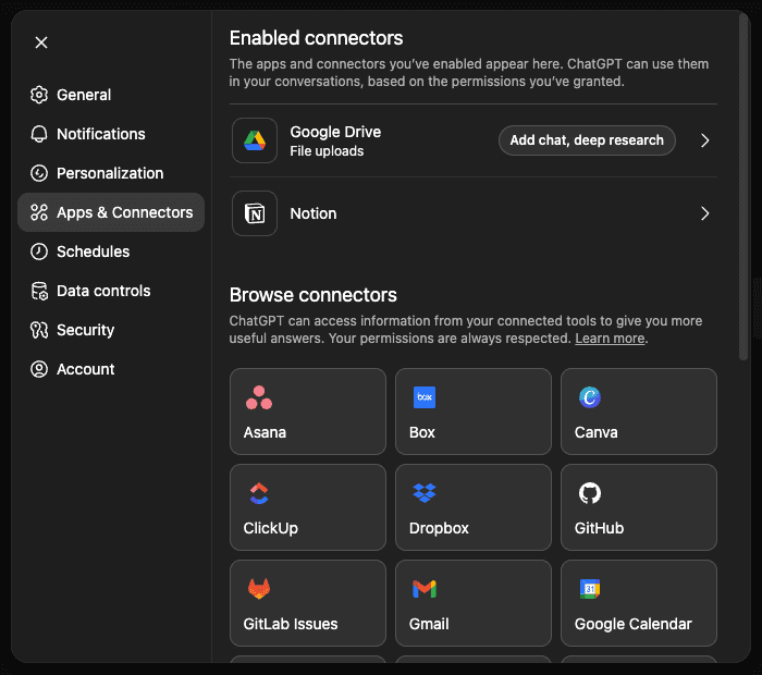 ChatGPT settings panel showing Apps and Connectors selected with enabled connectors for Google Drive and Notion and options to add chat or deep research access. Below, a grid of available connectors includes Asana Box Canva Dropbox GitHub Gmail and Google Calendar.