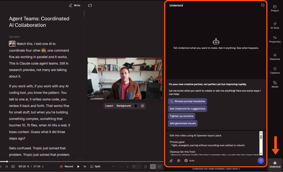 Running Underlord — Descript's AI editor — to apply repeatable editing rules