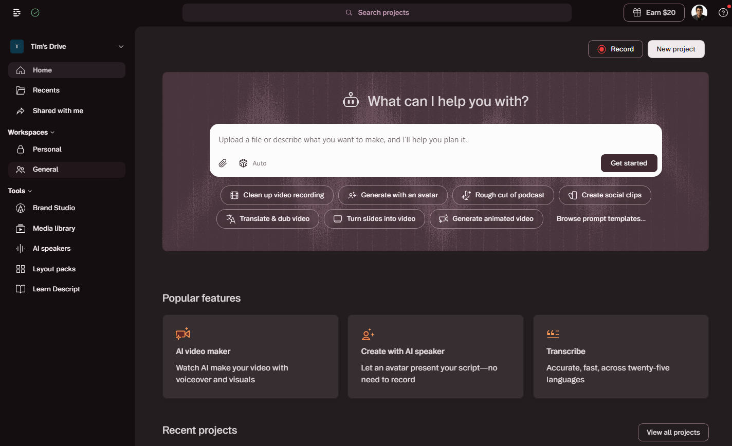 Recording directly in Descript — files, transcript, cuts and feedback all in one place