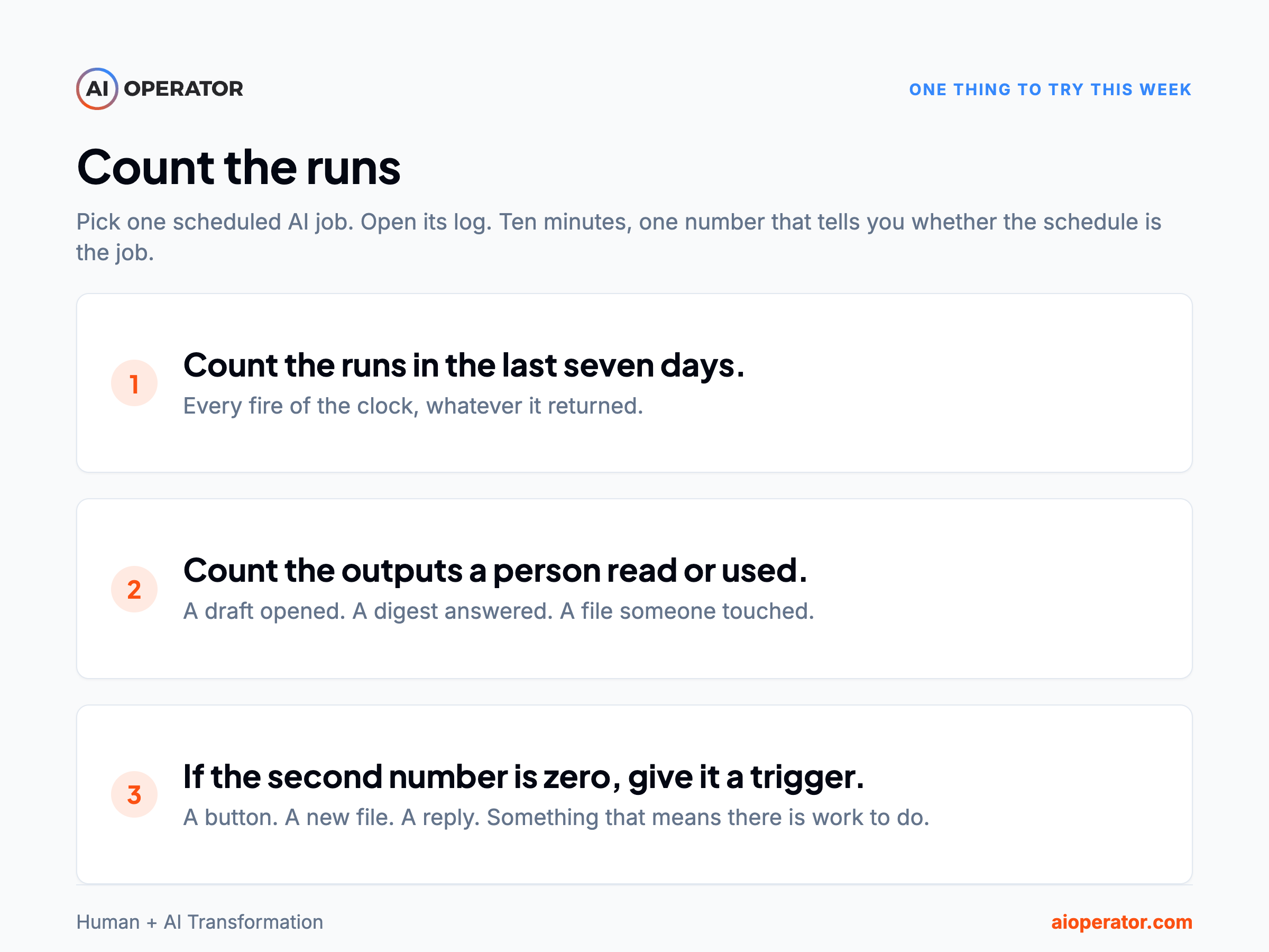 Count the runs, in three steps: count the runs in the last seven days, count the outputs a person read or used, and if the second number is zero give the job a trigger instead of a clock.